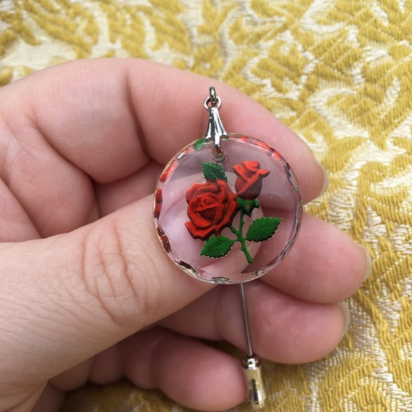 Vintage Jewelry - Vintage Reverse Carved Lucite Rose Stick Pin